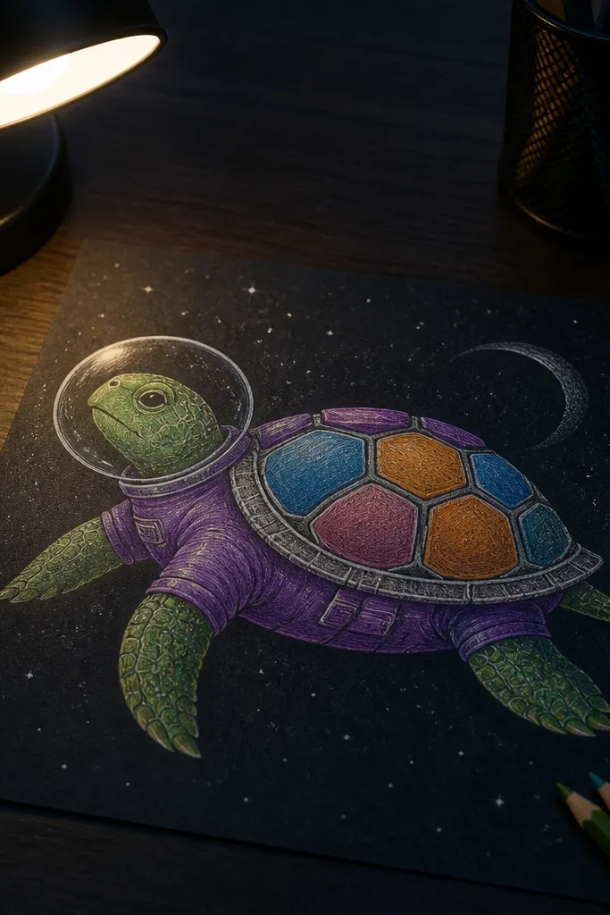 Baby turtle in a small space suit with stars around