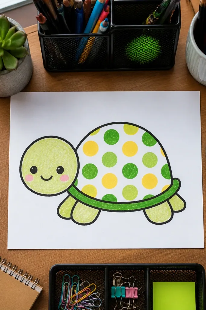 Baby turtle with a polka dot shell and a cute smiling face