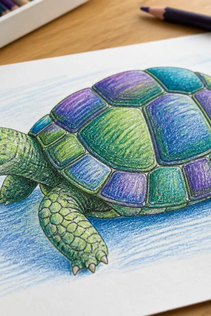 Baby turtle with a tile-pattern shell colored with visible crayon texture