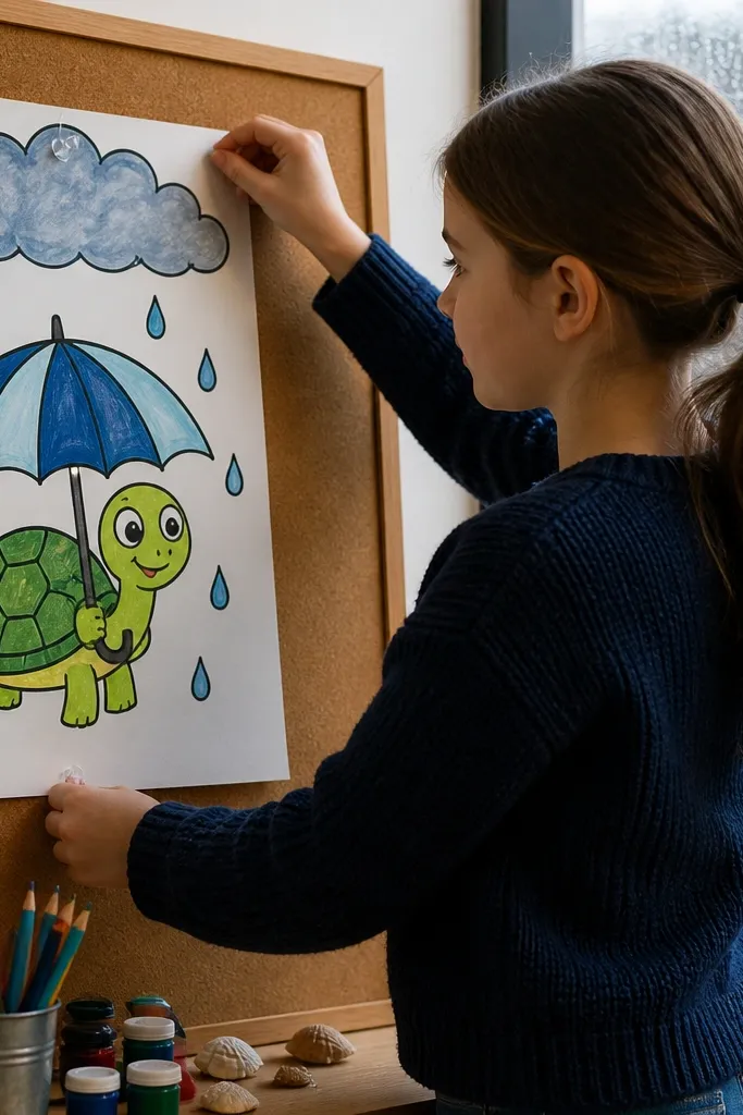 Baby turtle holding a small umbrella with raindrops and a raincloud
