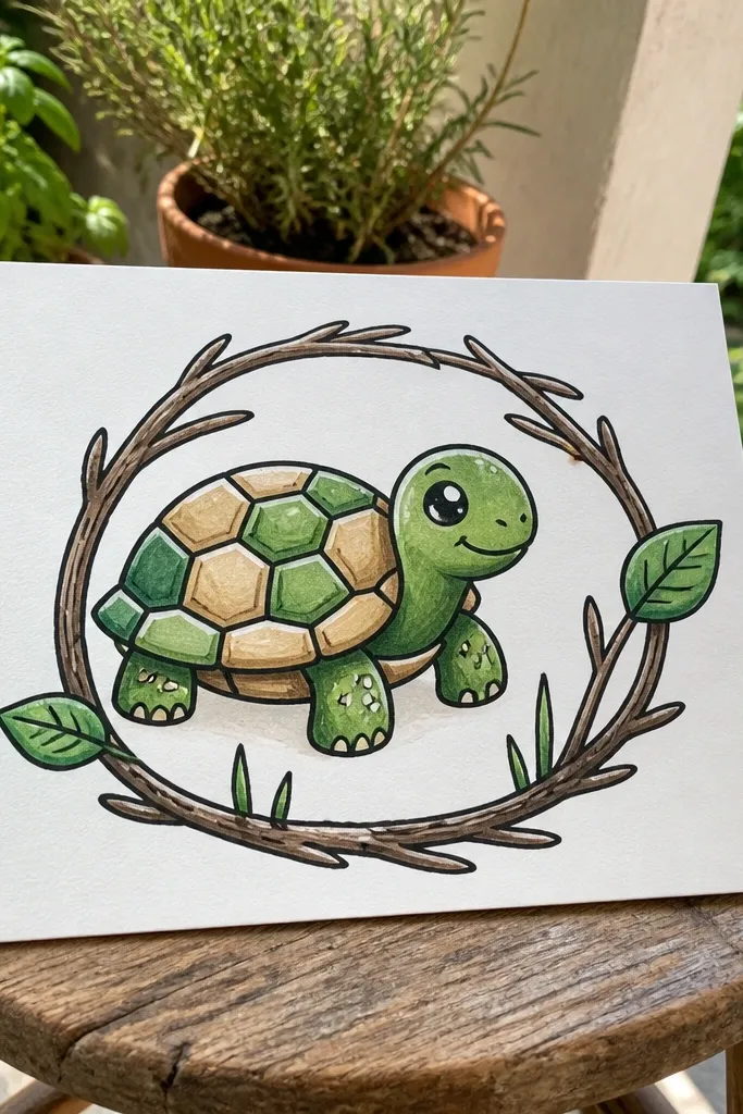 Baby turtle sitting beside a twig with small leaves and simple garden details