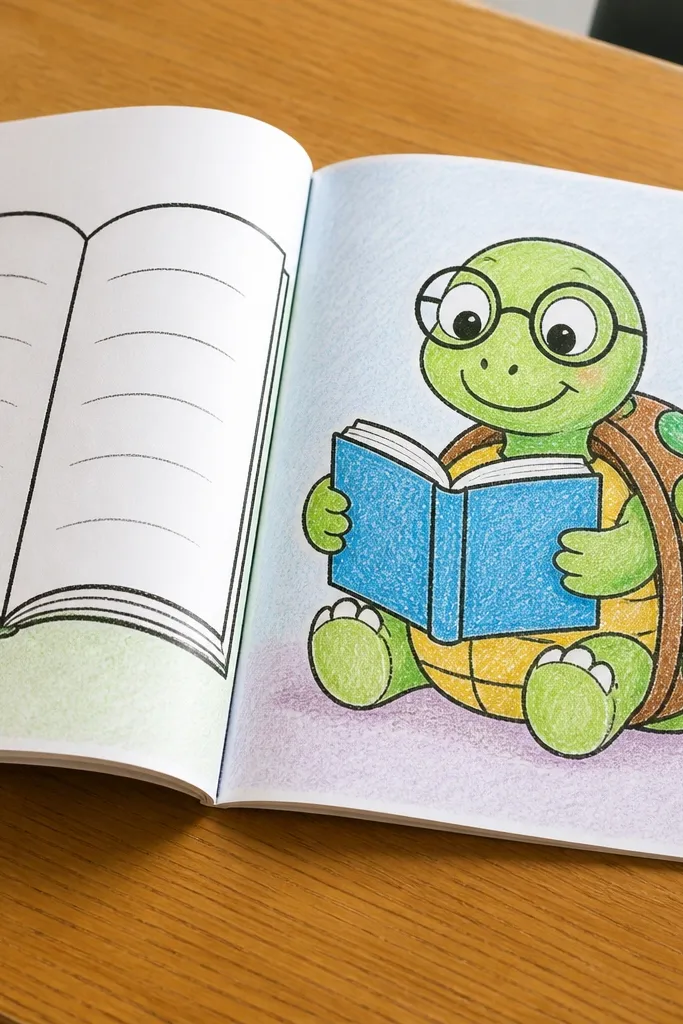 Baby turtle reading a small open book with a simple page outline