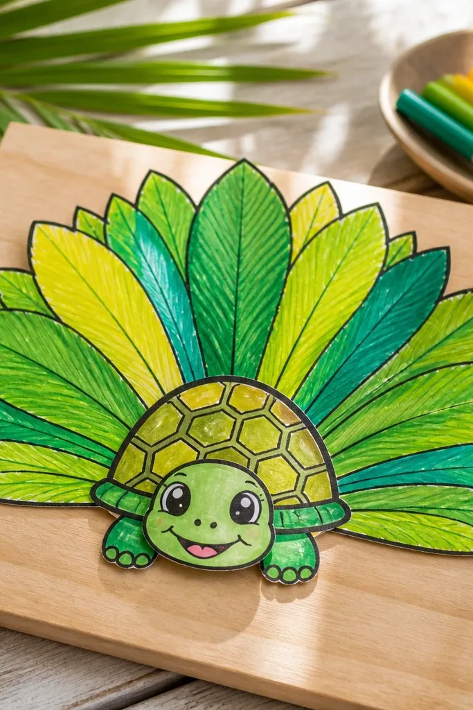 Baby turtle holding a fan made of tropical leaves with a bright background