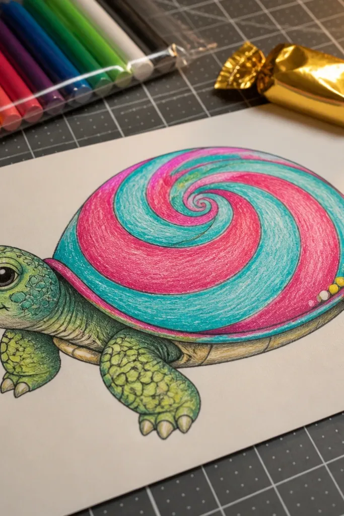 Baby turtle with a shell made of candy swirl lines and small candy dots