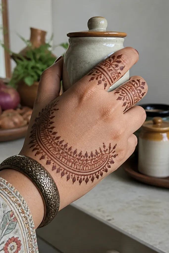 Back hand with a thick wrist band and a crescent fan on the thumb side