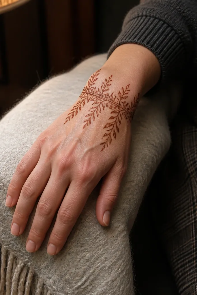 Back hand with botanical wrist crown and leaf sprays reaching upward