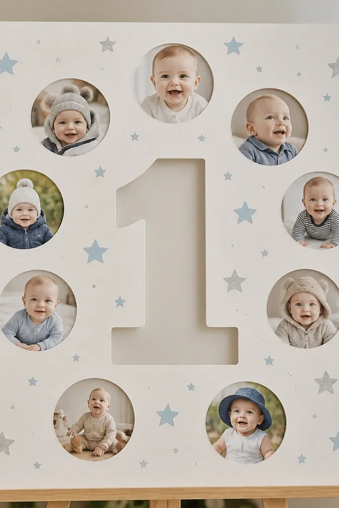 A foam board collage with a large die-cut number in the center, surrounded by small circular photos like a constellation, with light blue and silver star stickers in the background.