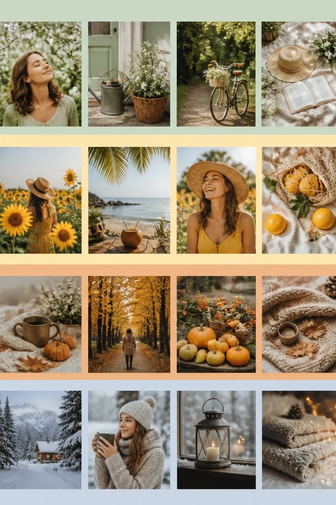 A collage with four horizontal strips across the board, each strip has a different color background and 3-4 photos, with small seasonal icons at the strip edges.