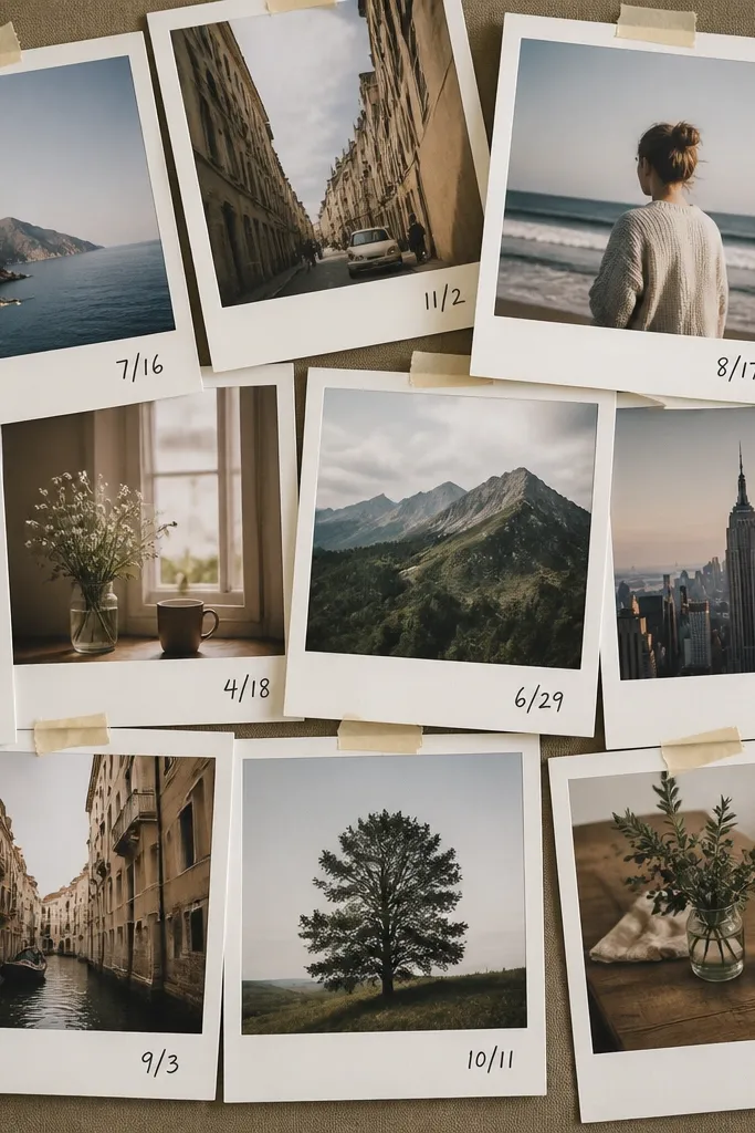 A board covered in overlapping faux polaroid frames, each with a printed photo, with two visible taped edges and handwritten dates in black ink.