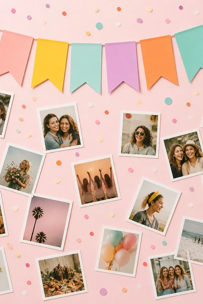 A collage with a bright banner across the top saying Happy Birthday, surrounded by scattered small photo prints like confetti on a pastel background.