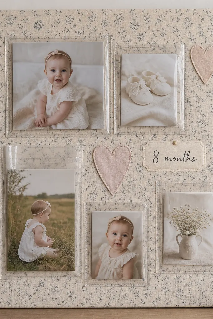 A board with fabric-like scrapbook paper, multiple clear plastic pockets holding photos, plus a few cutout hearts and a handwritten age on a small label.