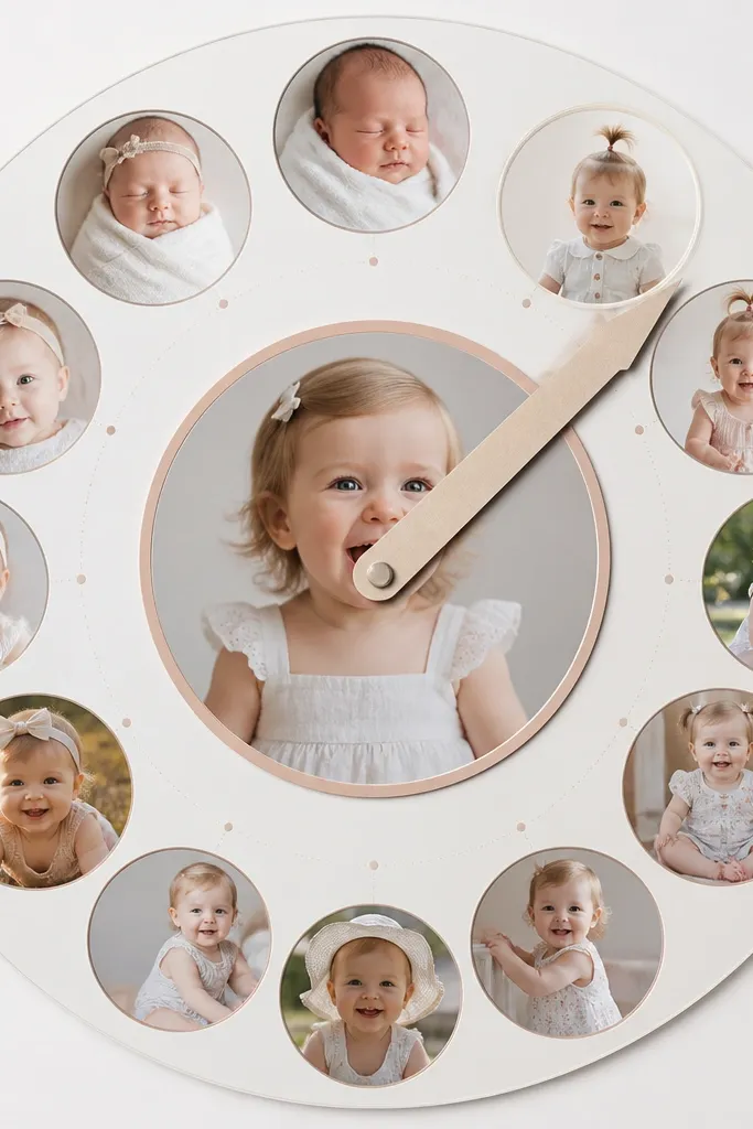 A circular clock-like collage with 12 photo circles arranged like hours, with a small paper clock hand pointing to a highlighted month and age number in the center.