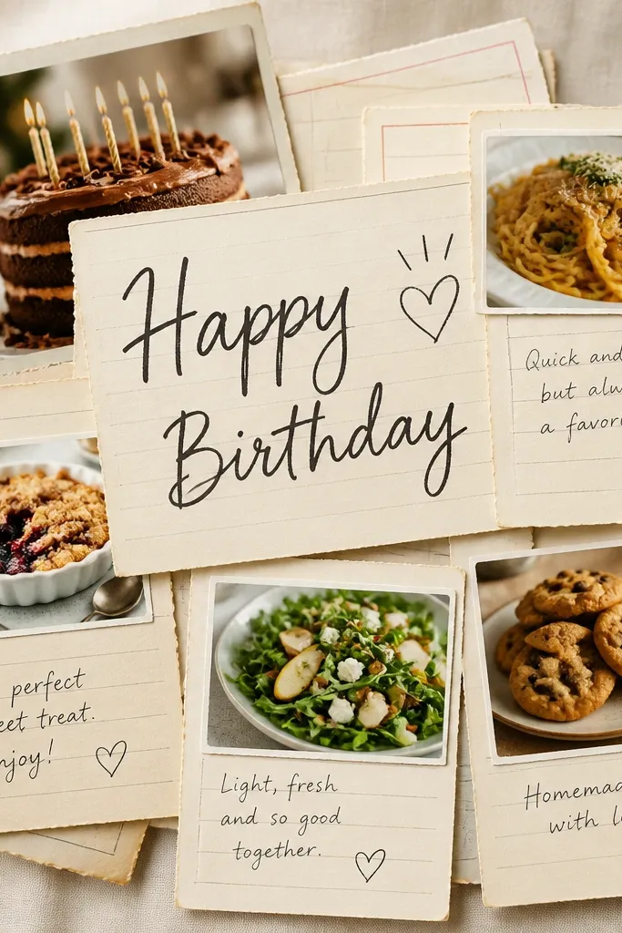 A collage made of stacked recipe card cutouts, each card has a photo thumbnail and a handwritten note, with a big "Happy Birthday" heading.