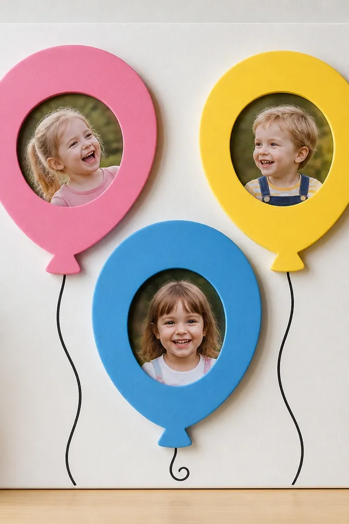 A board with three layered foam balloons in bright colors, each balloon has a window cutout showing a photo, with small string lines drawn in marker.