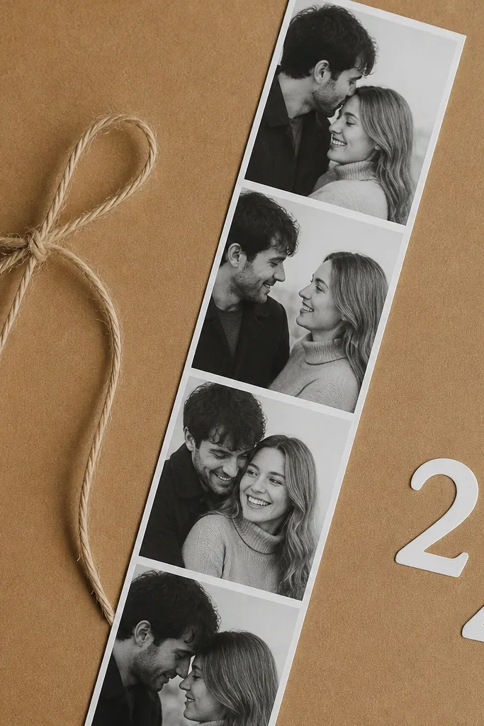 A kraft brown board with a long black-and-white photo strip running diagonally, plus simple white number stickers and a small twine bow.