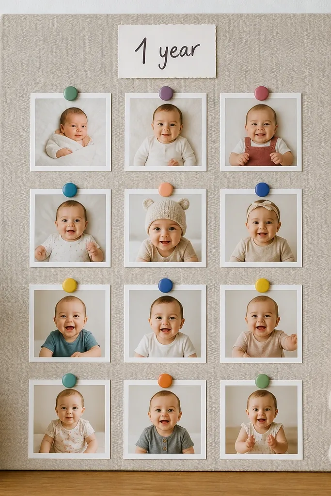 A small metal sheet covered with fabric, with several photos held by colorful magnets arranged in a neat grid and a handwritten age sign.