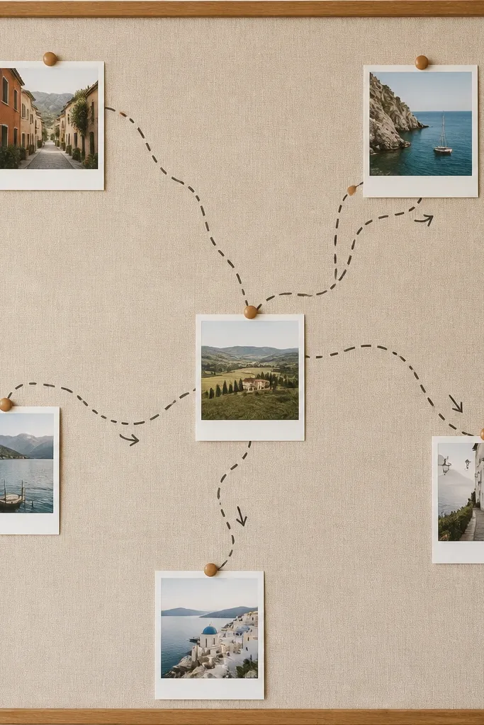 A board that looks like a simple map with dotted lines, labeled stops, and small photos placed at each stop with tiny arrows.