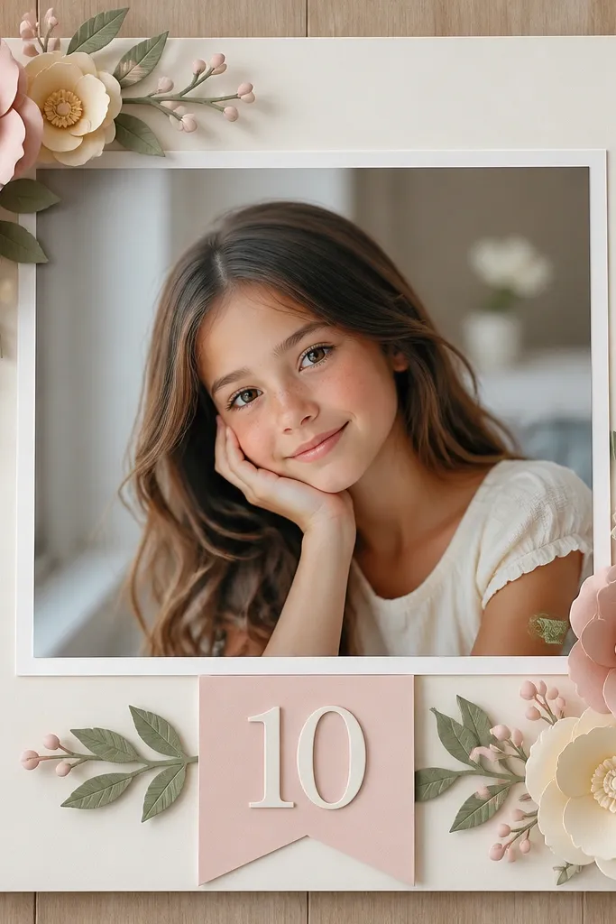 A board with layered paper flowers in the corners and a large center photo portrait, with the age number on a small banner.