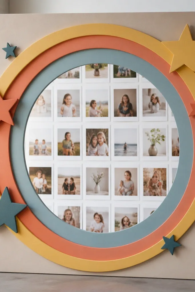A board with a large oval or circle cutout in the middle, behind it is a grid of photos, and around the portal are layered colored rings and stars.