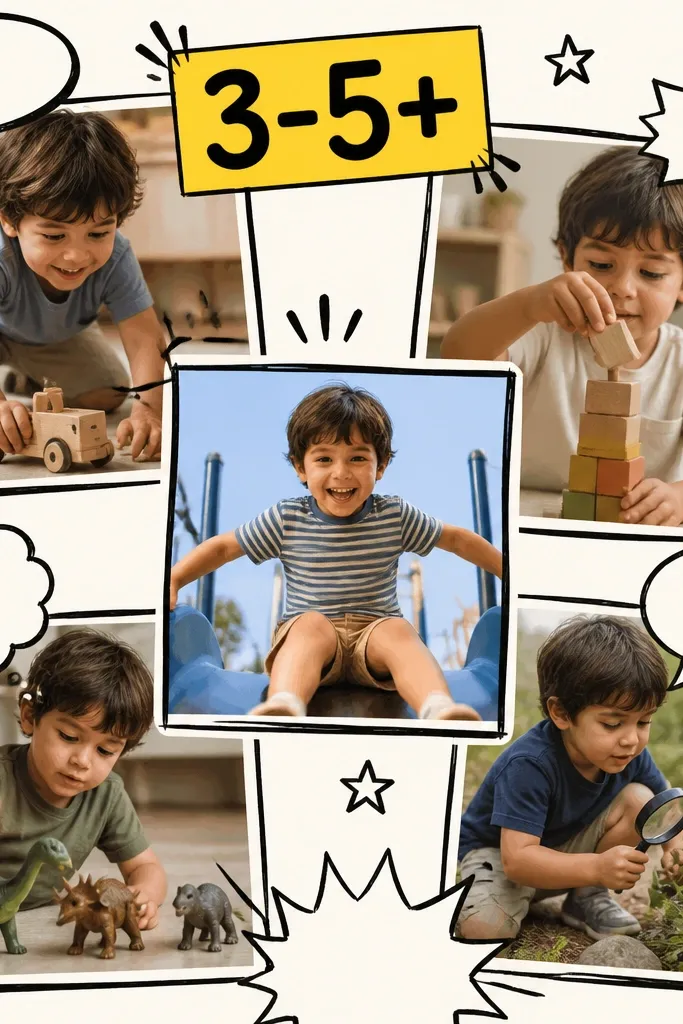 A collage with a black marker comic style, speech bubbles around photos of a kid playing, with bold captions and a bright age banner.