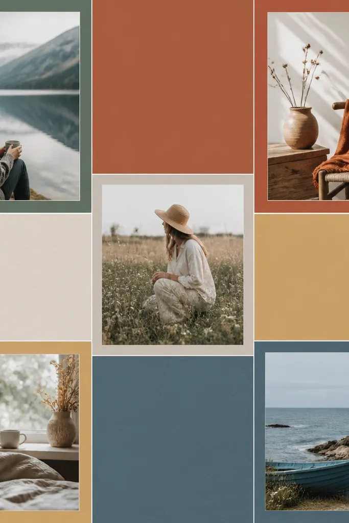 A collage grid of colored blocks with photo squares inset, using five color blocks and each photo has a matching colored mat border.