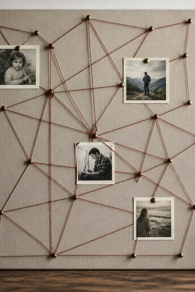 A board with nails and string forming a web pattern, with small photo squares pinned under a few key points, and a handwritten age at the bottom.