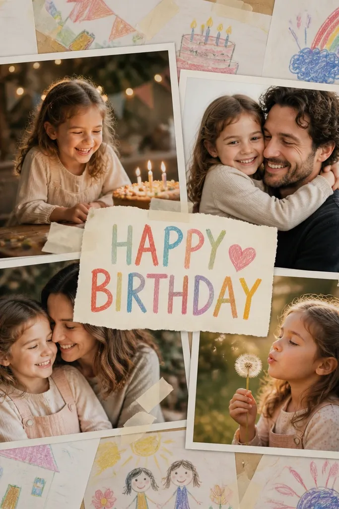 A collage where the background is filled with taped kid drawings, and multiple photo frames sit on top with white borders and a big birthday label.