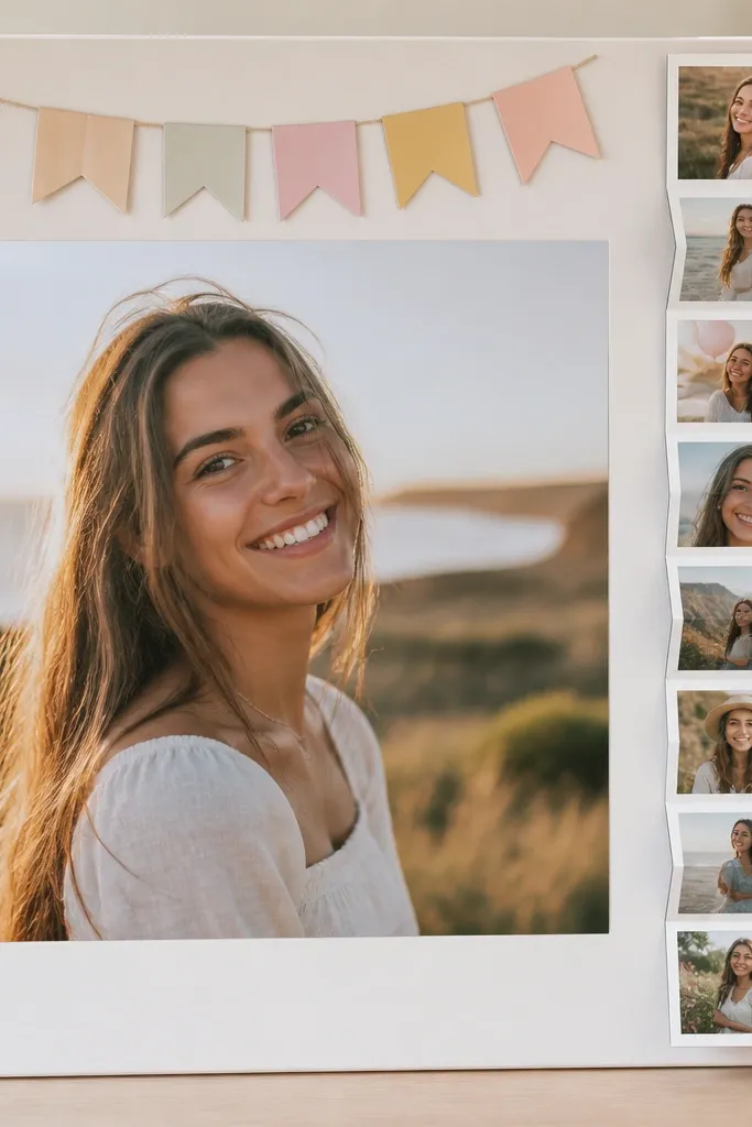 A board with a vertical accordion strip on the right side holding 8 small photos, with a large main photo in the center and a birthday banner at the top.