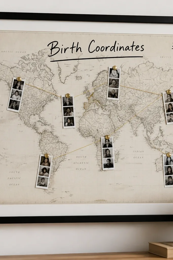 A cream-colored vintage world map print pinned with small brass thumbtacks, each tack holding a mini photo strip that hangs slightly off the map. Several photos are connected with thin gold thread lines, forming a loose route across continents. A bold heading reads Birth Coordinates in black marker, with the year written in the corner. The whole layout sits in a simple black frame with a thin white mat border.