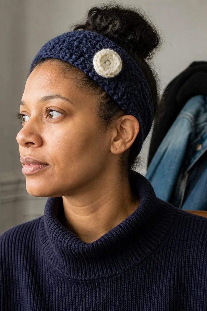 Navy waffle knit-style crochet headband with a cream button loop