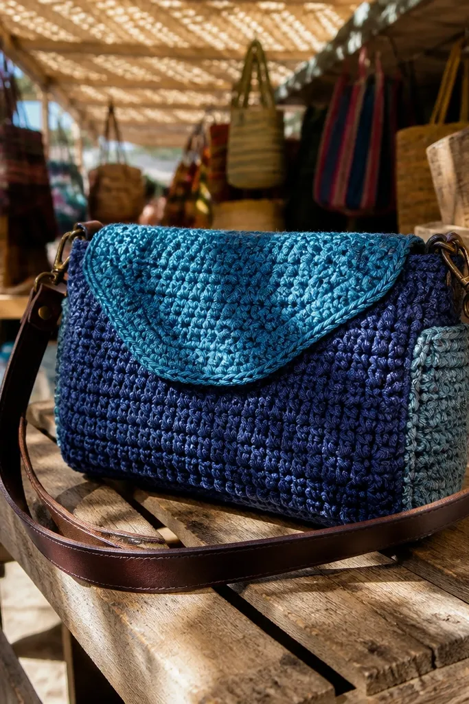 Denim blue and teal crochet crossbody pouch with a flat flap