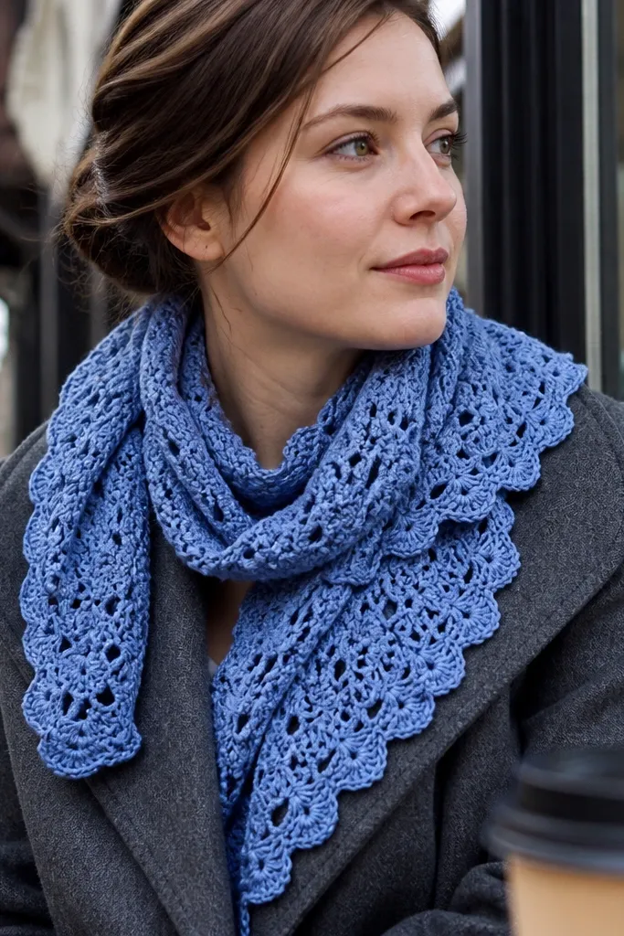 Cornflower blue shell crochet scarf with a scalloped picot edge