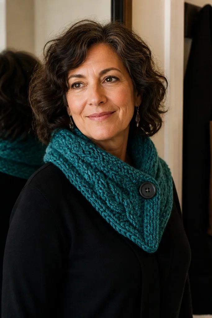Teal crochet infinity cowl with visible cable texture and a buttoned side tuck