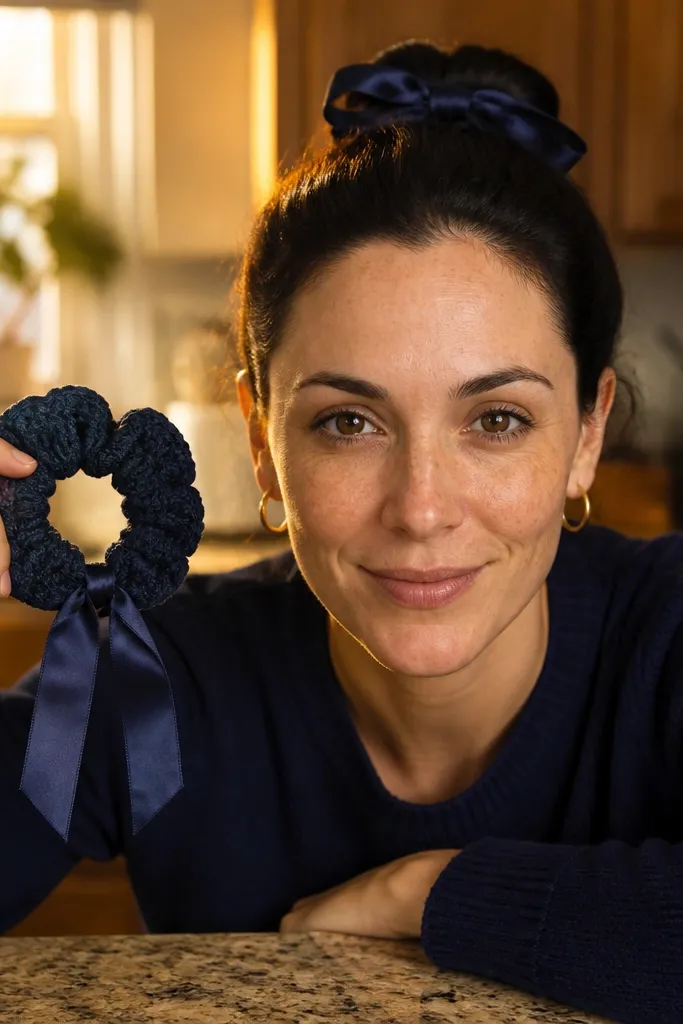 Midnight blue crochet scrunchie with a small satin ribbon tie