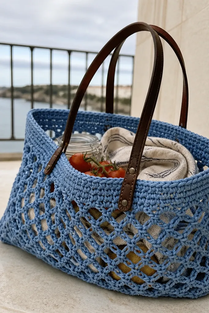 Sky blue lattice crochet market bag with tan strap handles