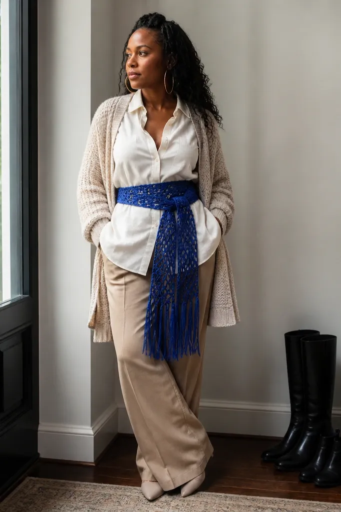 Royal blue crochet wrap belt with fringe along both ends