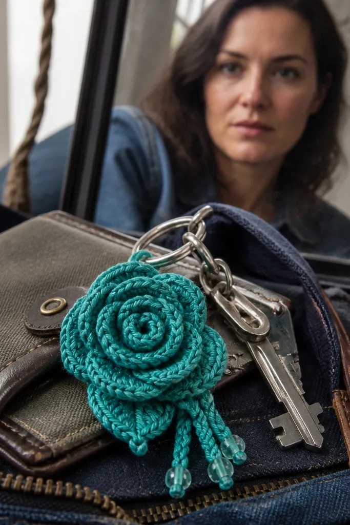 Teal crochet rose applique keychain with a metal split ring