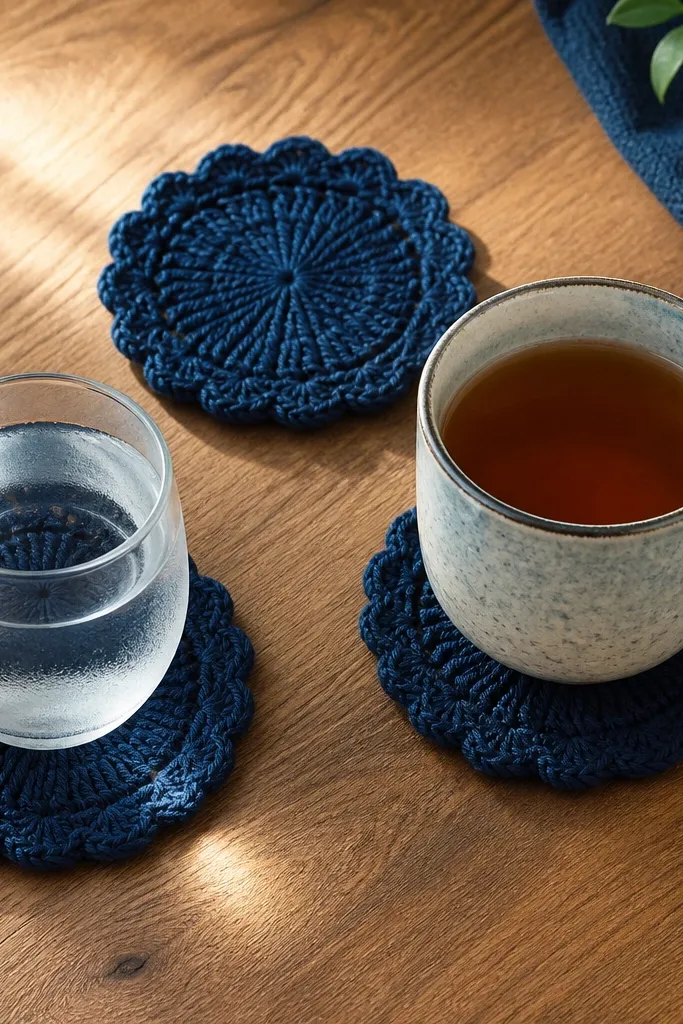 Set of navy crochet coasters with starburst stitch texture
