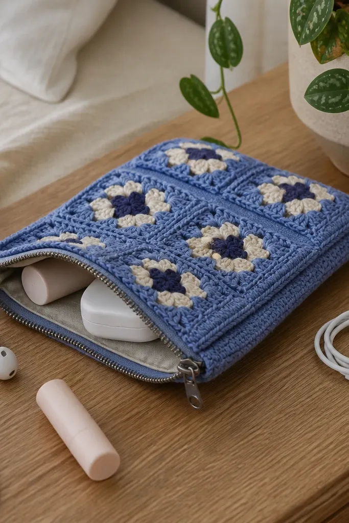 Cornflower blue granny square pouch with a visible zipper