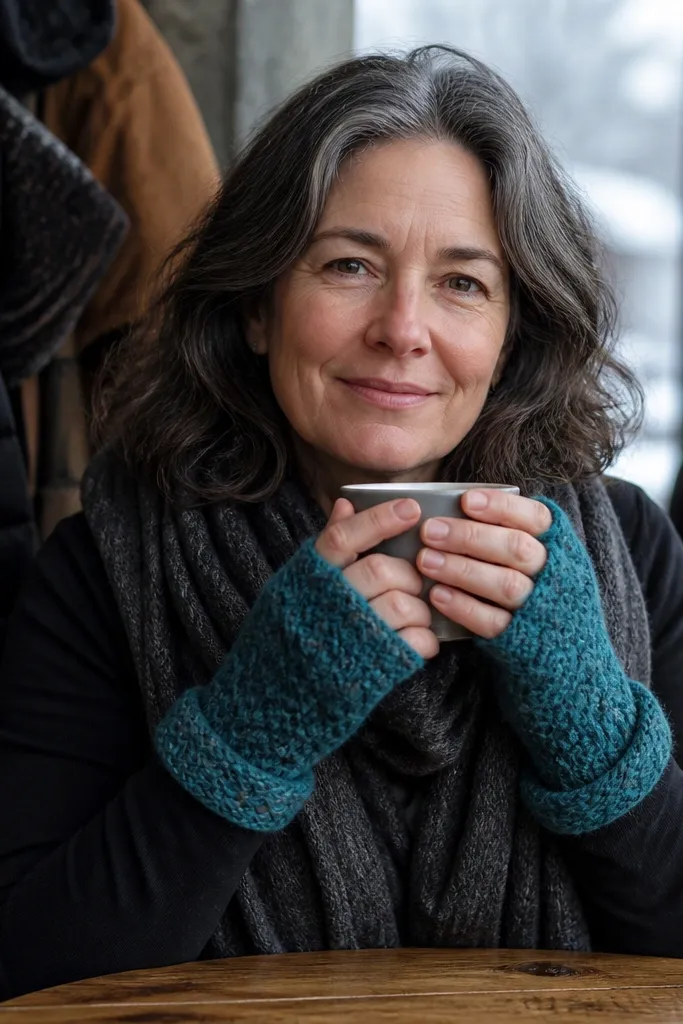 Teal puff stitch fingerless gloves with a rolled cuff