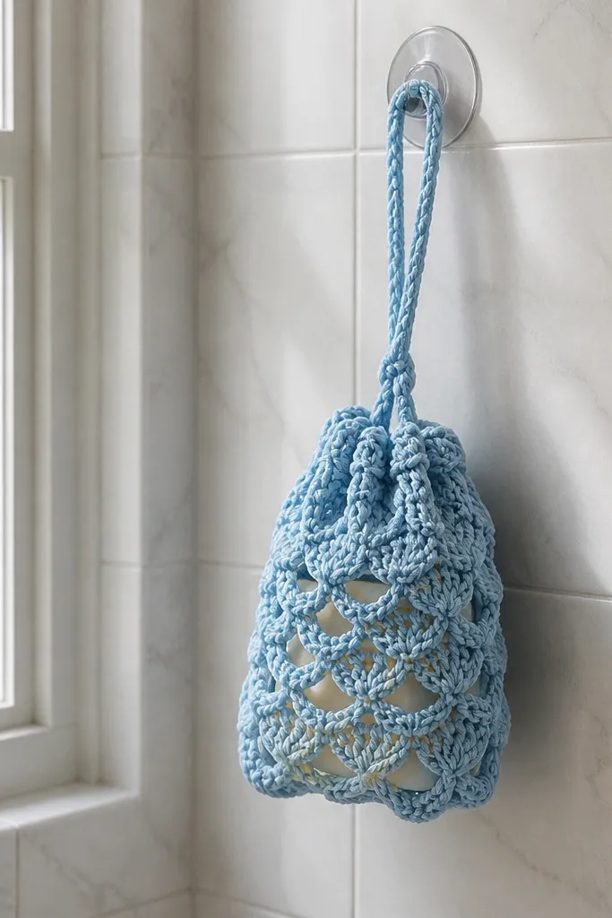 Sky blue crochet soap saver bag with shell stitches and drawstring