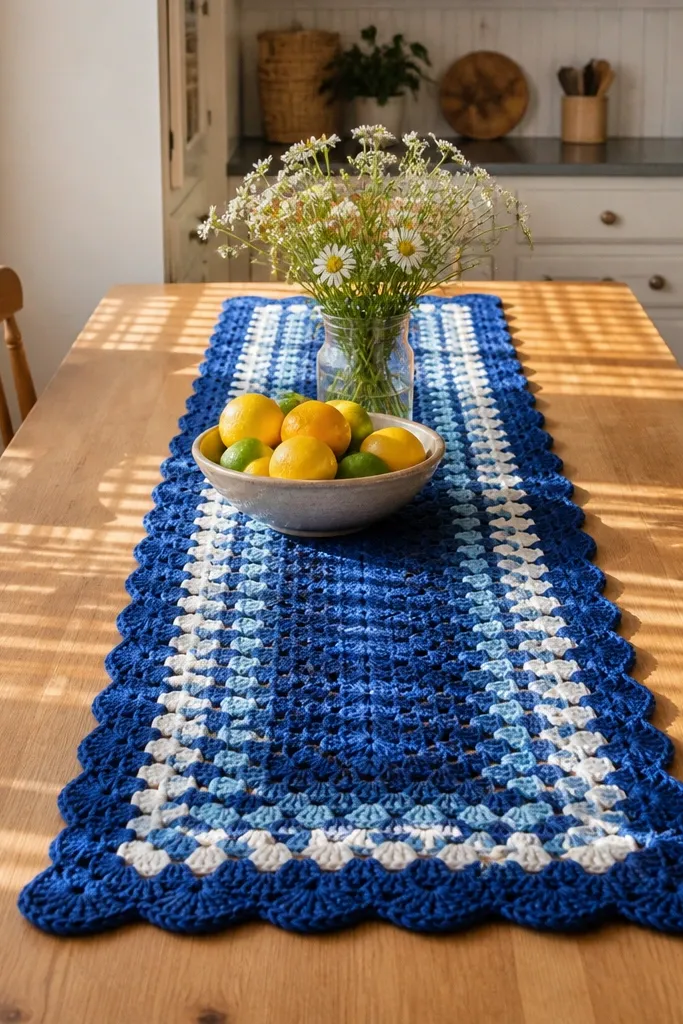 Royal blue granny stripe crochet runner cuff with scalloped edges