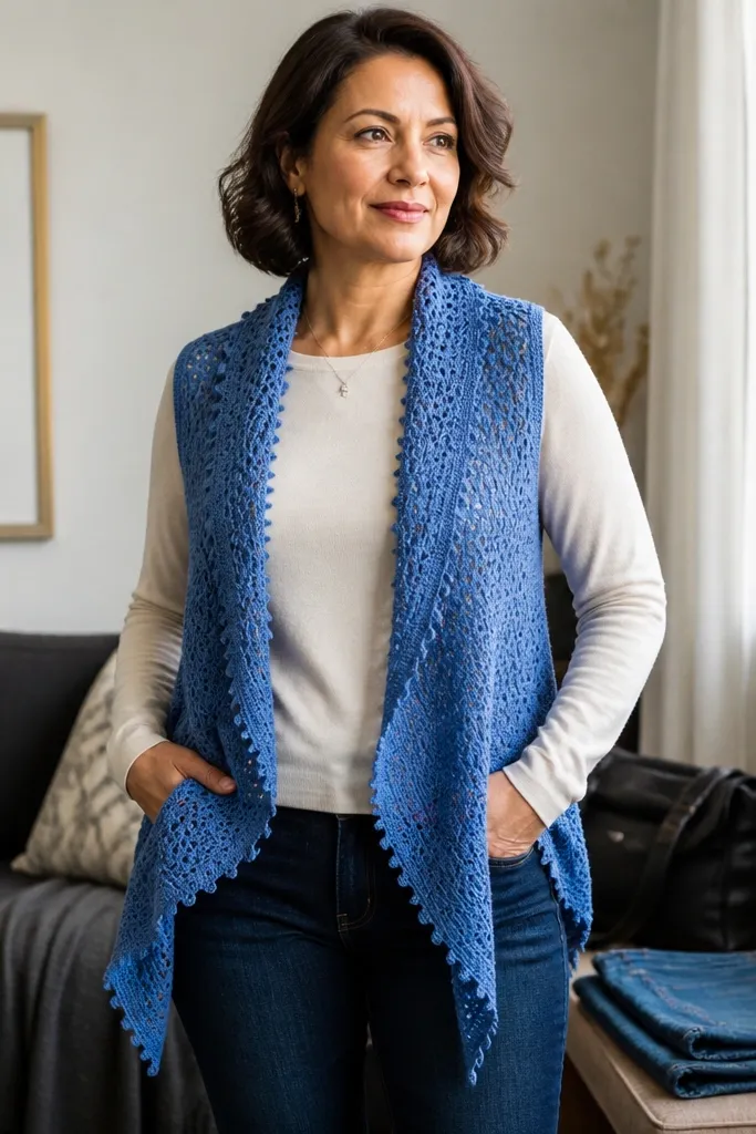 Cornflower blue vest with flowing front panels and picot trim
