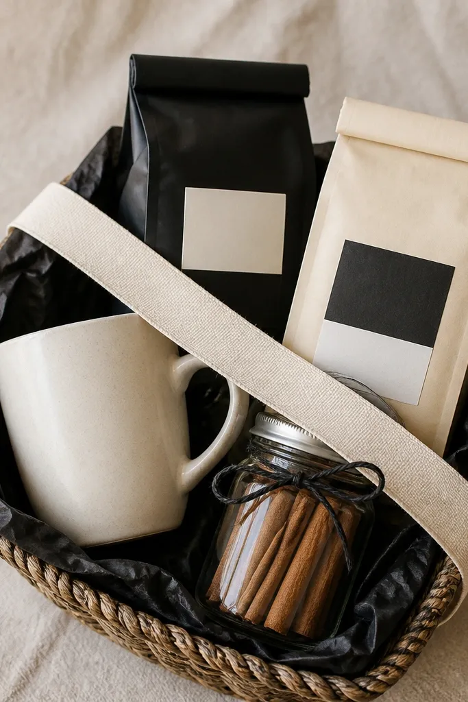A small woven basket lined with black tissue, holding a cream mug, two mini coffee bags with black-and-cream labels, a small jar of cinnamon sticks tied with black twine, and a strip of cream ribbon across the top.