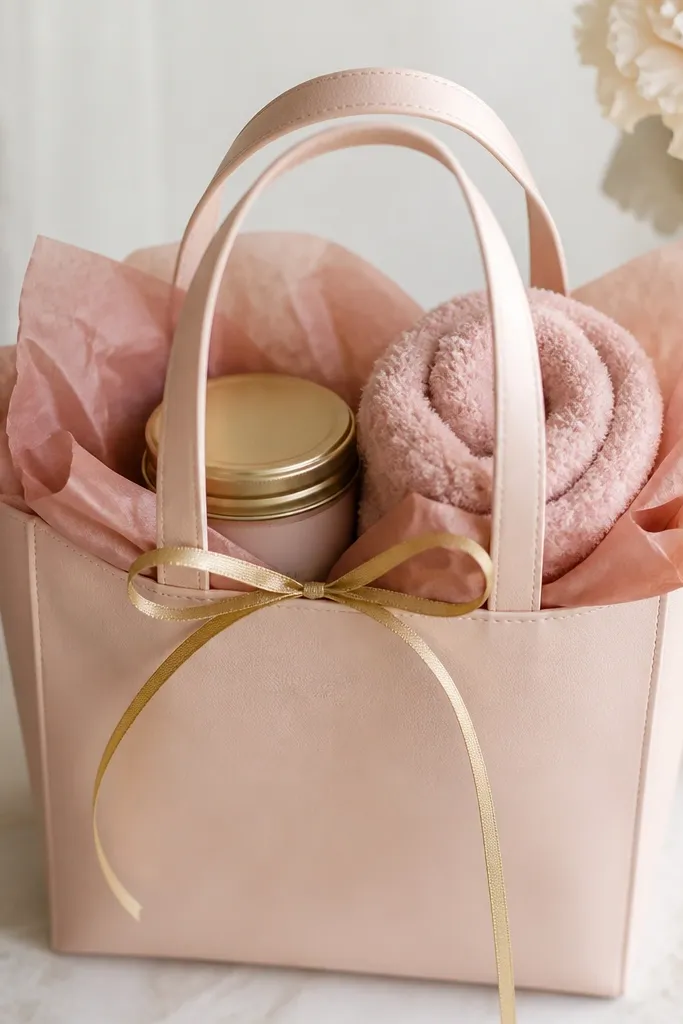 A blush-colored tote with dusty rose tissue, a small tin of tea centered, a pair of fuzzy socks folded like a rose on top, and a thin gold ribbon tying the tissue around the handles.
