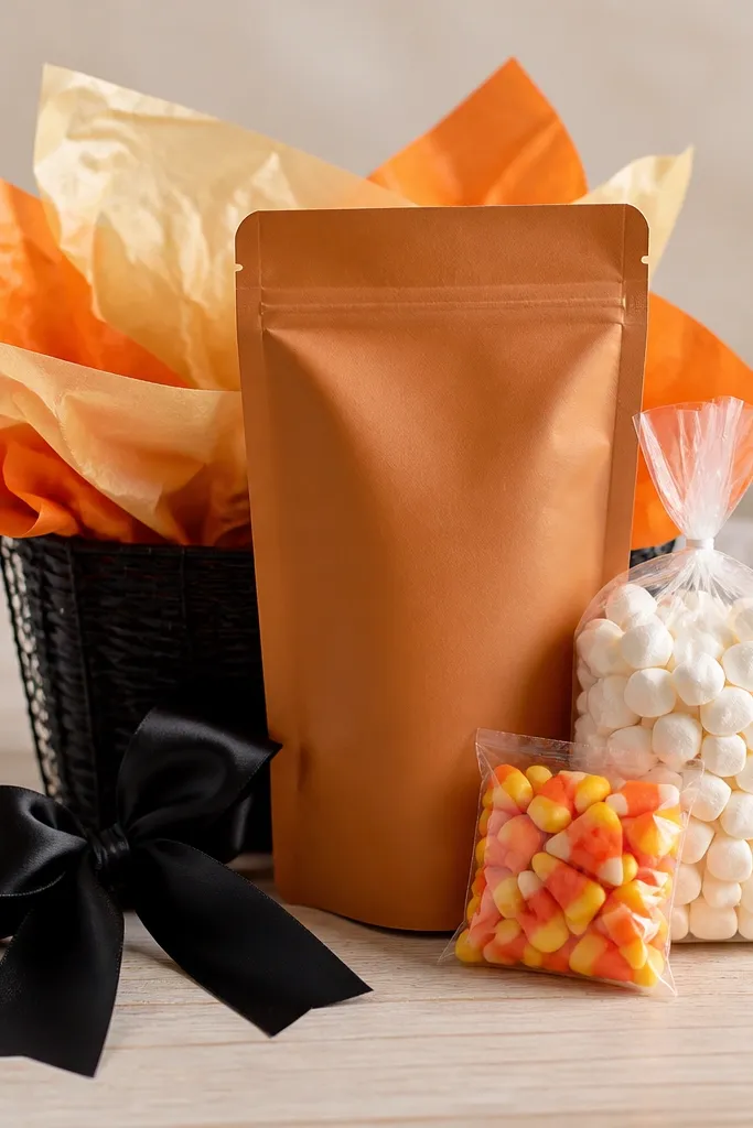 A small black basket with orange-and-cream tissue, a tall hot cocoa mix pouch in front, mini marshmallows in a clear bag, a tiny candy corn packet, and a black ribbon bow.