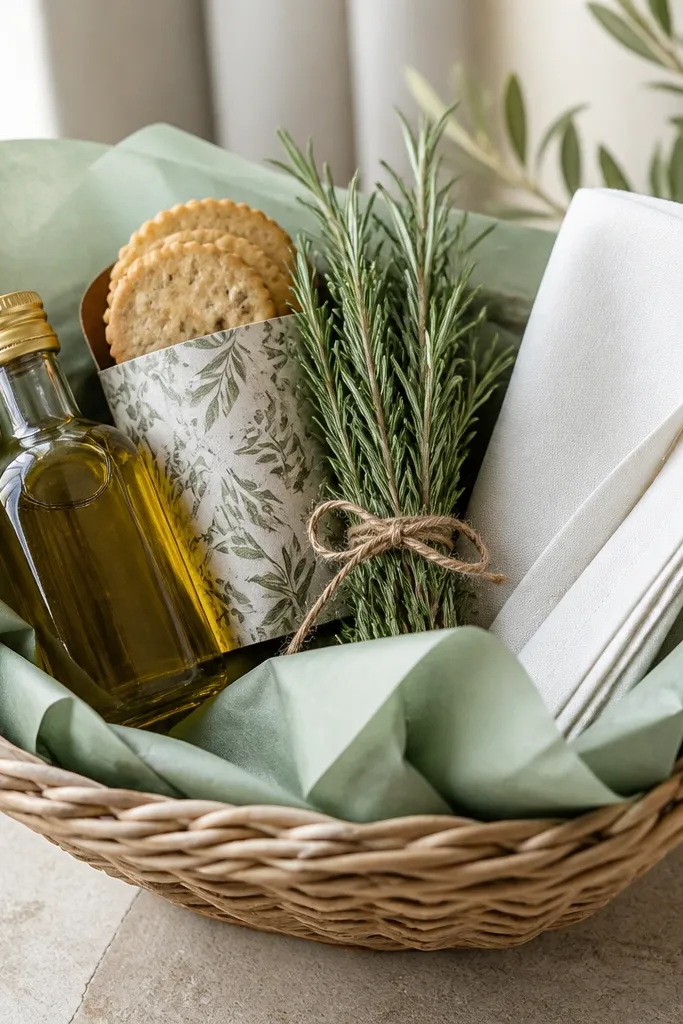 A wicker basket lined with sage green tissue holding a mini olive oil bottle, small crackers in a patterned sleeve, a bundle of rosemary tied with twine, and a white cloth napkin folded beside it.