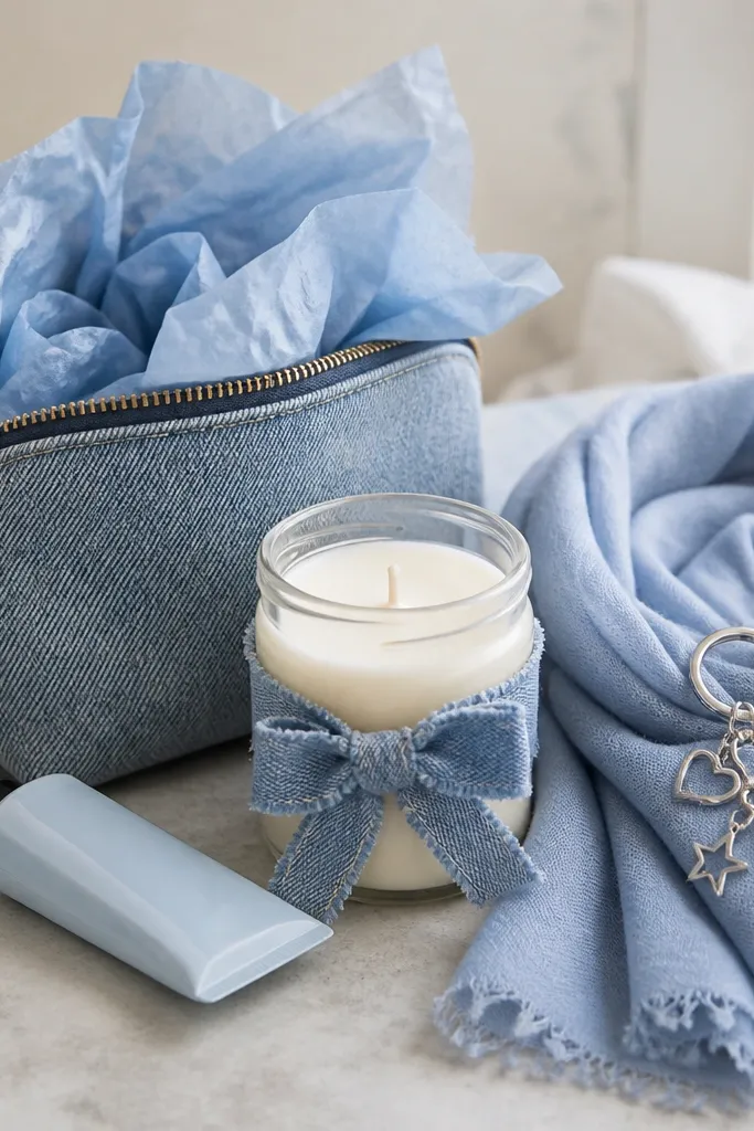 A small denim-look pouch with blue tissue, a jar candle wrapped with a denim ribbon, a mini hand cream bottle, and a rolled scarf in light blue with a silver charm keychain on top.