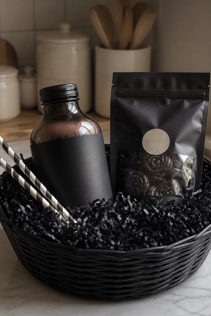 A tall black gift box with black shredded paper, a black licorice bag centered, black-and-white striped straws, a small bottle of black cocoa mix, and a single silver ornament-style sticker on top.
