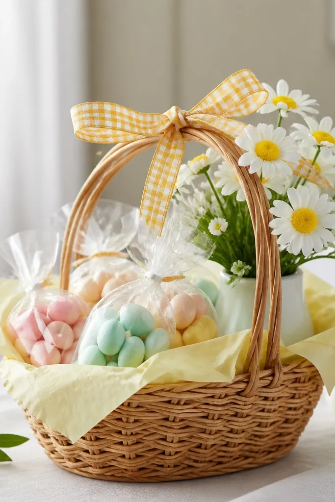 A small wicker basket lined with pale yellow tissue, wrapped pastel candy in clear bags, a mini bouquet of artificial daisies in a tiny vase, and a gingham ribbon tied around the handles.
